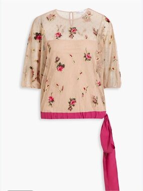 RED Valentino Beige Sheer Floral Embroidered Blouse with Pink Side Tie